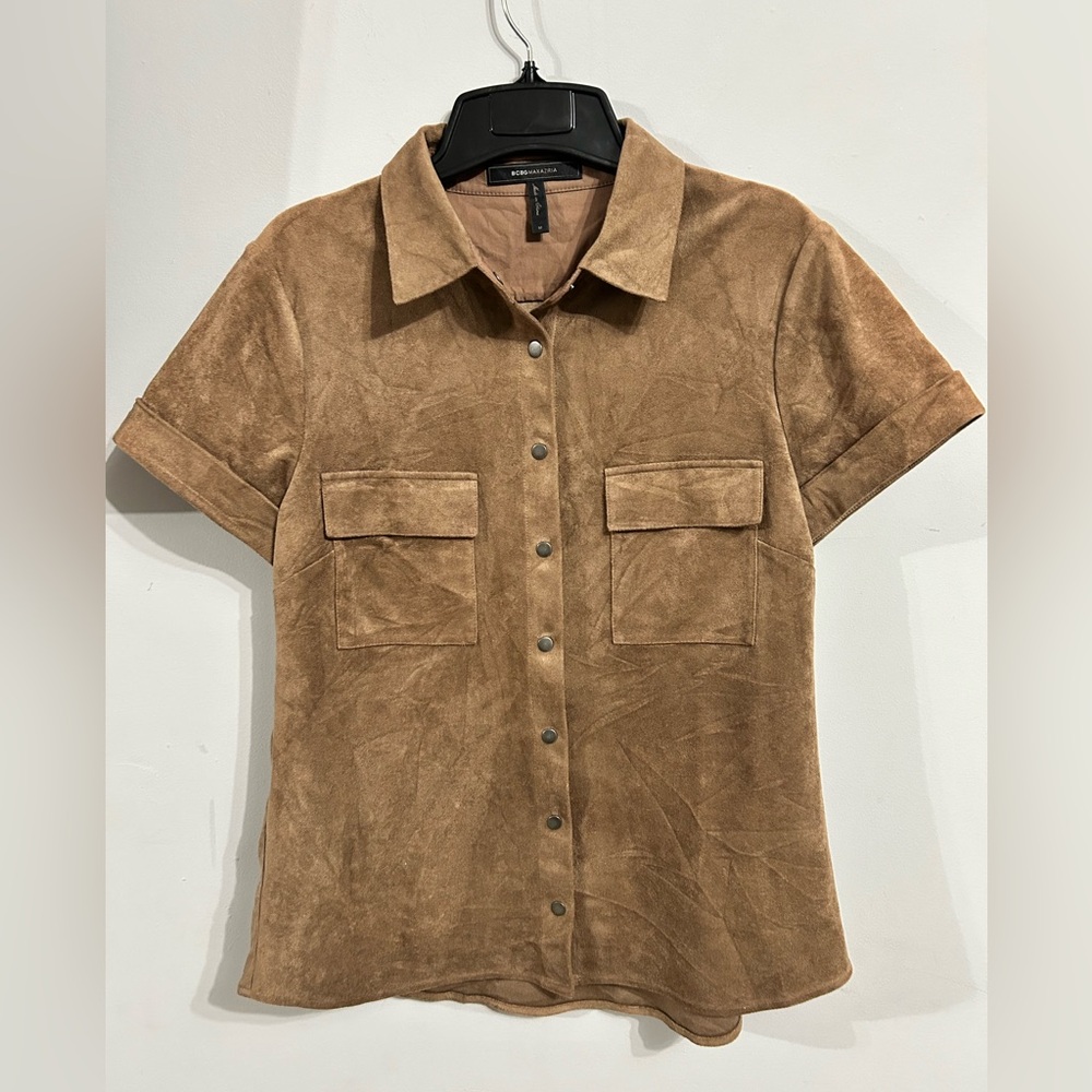 Brown faux suede snap down shirt